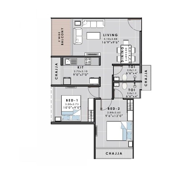 Floor plan of 2 BHK 592 Sq. Ft. Apartment in KT Sai Gokuldham, Navi Mumbai