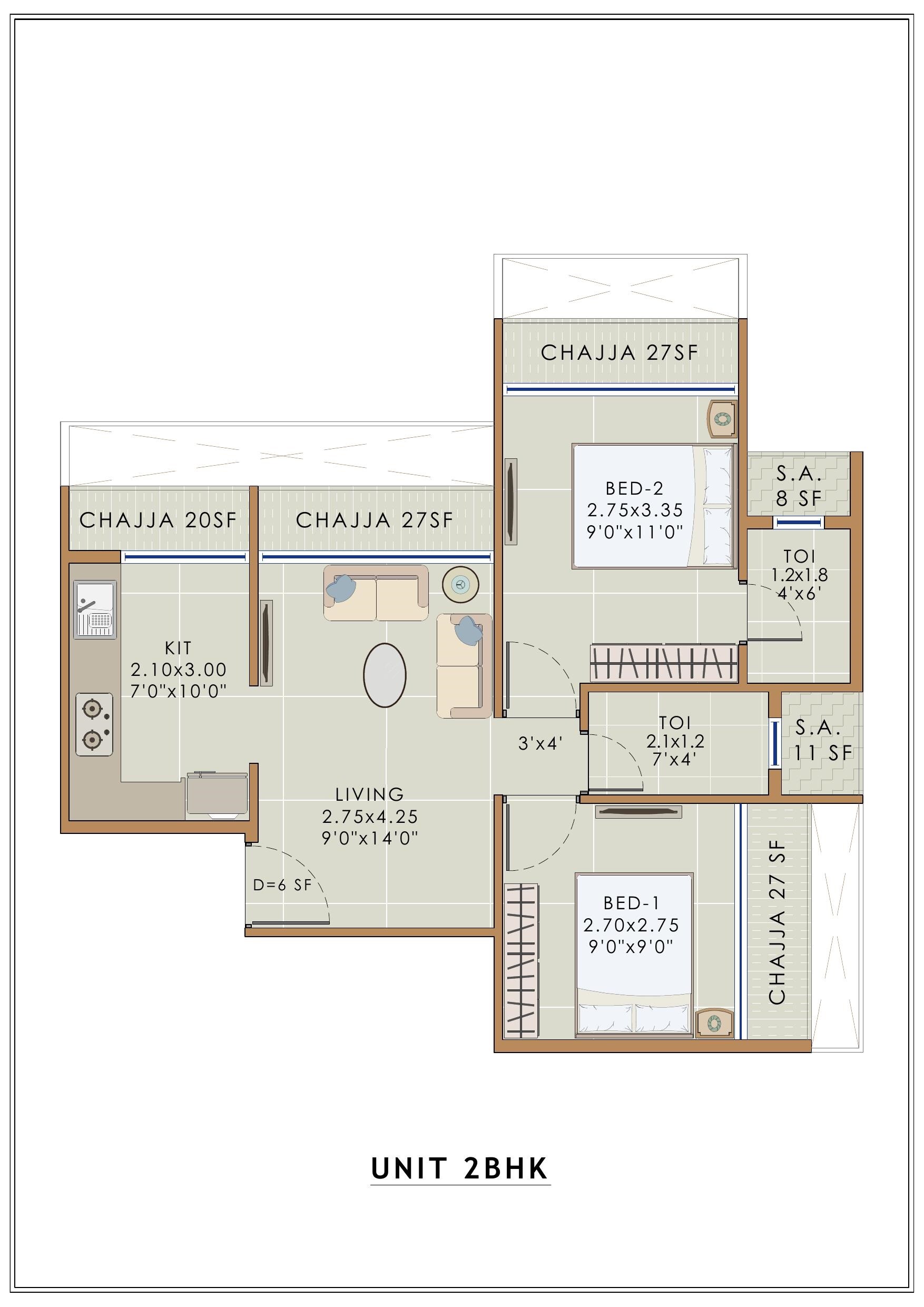 Floor plan of 2 BHK 561 Sq. Ft. Apartment in KT Sai Vrindavan Dham, Navi Mumbai