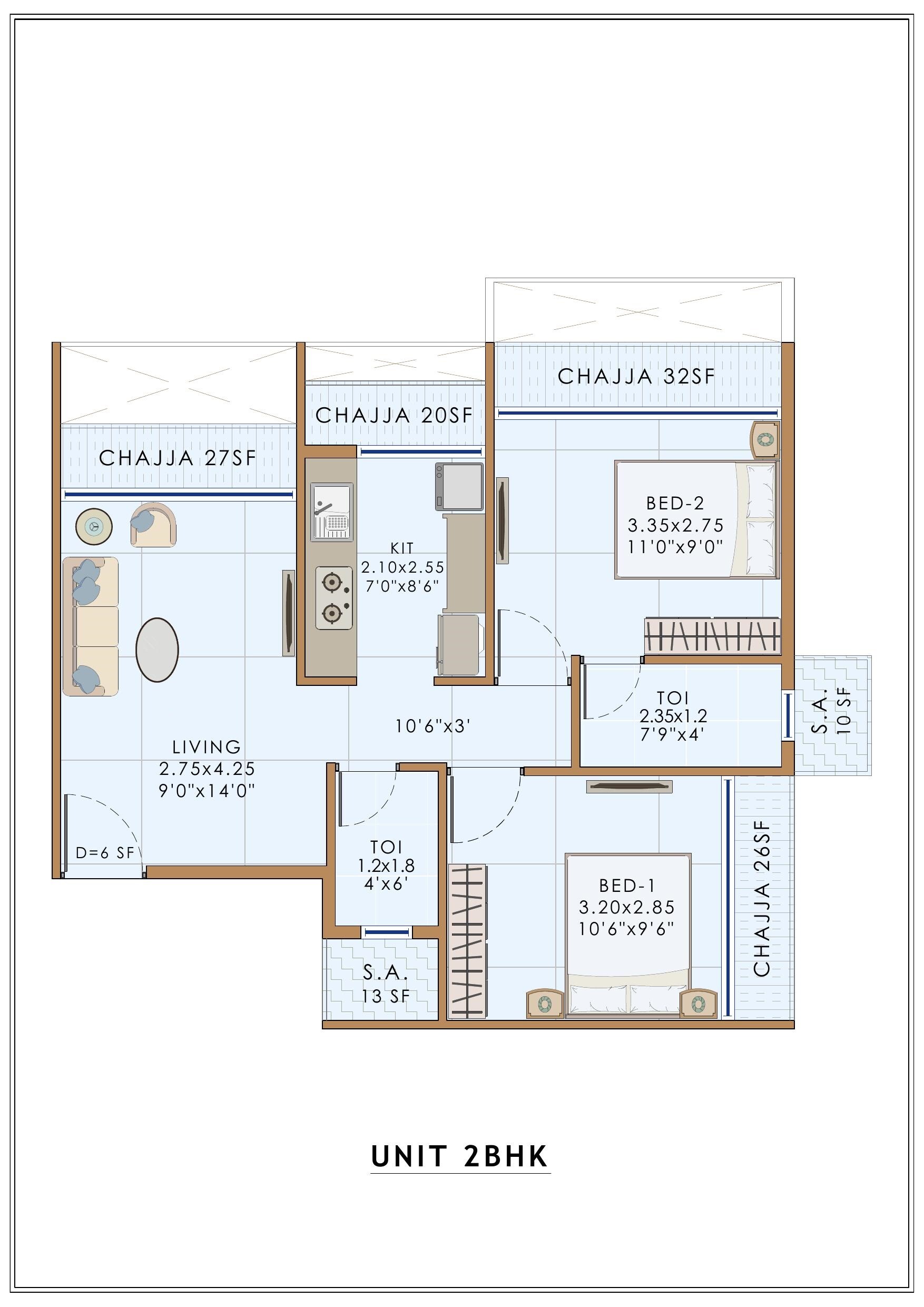 2 BHK 629 Sq. Ft. Apartment