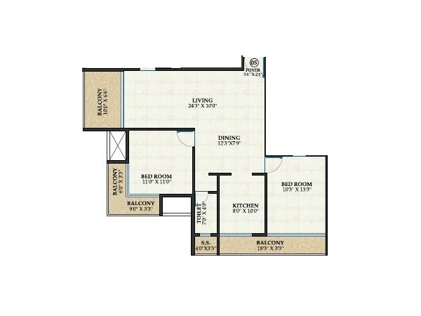Floor plan of 2 BHK 750 Sq. Ft. Apartment in Kuber Empire, Navi Mumbai