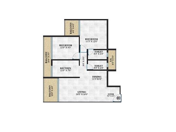 2 BHK 850 Sq. Ft. Apartment