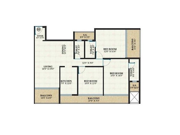 Floor plan of 3 BHK 1210 Sq. Ft. Apartment in Kuber Empire, Navi Mumbai