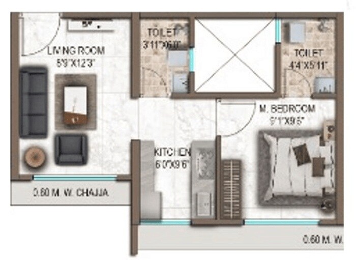 Floor plan of 1 BHK 400 Sq. Ft. Apartment in La Mer One, Navi Mumbai