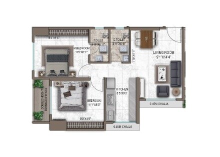 Floor plan of 2 BHK 550 Sq. Ft. Apartment in La Mer One, Navi Mumbai