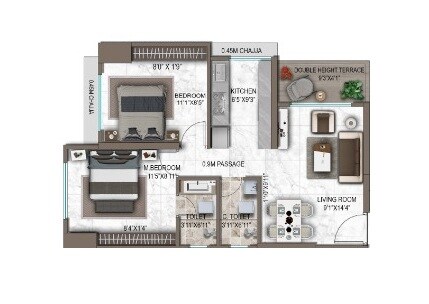 Floor plan of 2 BHK 600 Sq. Ft. Apartment in La Mer One, Navi Mumbai