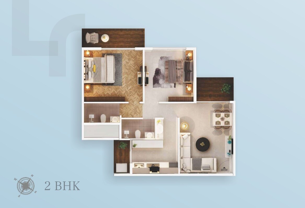 Floor plan of 2 BHK 591 Sq. Ft. Apartment in La Mer Regency, Navi Mumbai