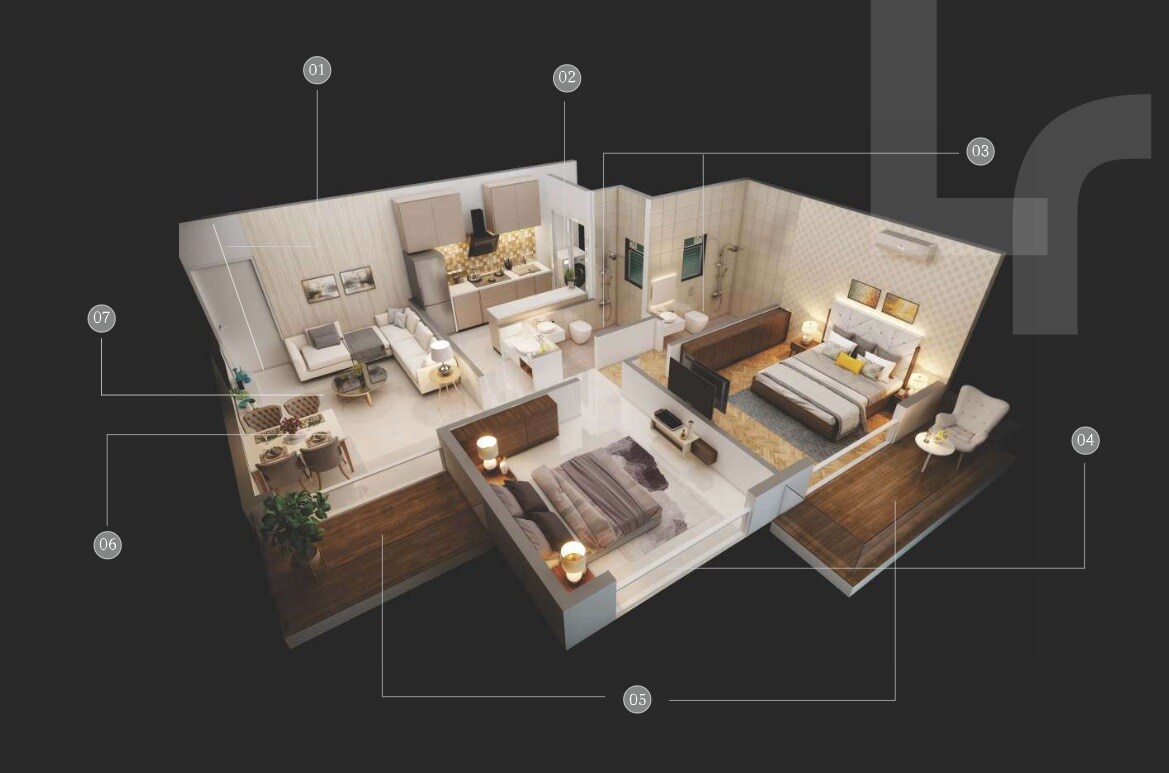 Floor plan of 2 BHK 599 Sq. Ft. Apartment in La Mer Regency, Navi Mumbai
