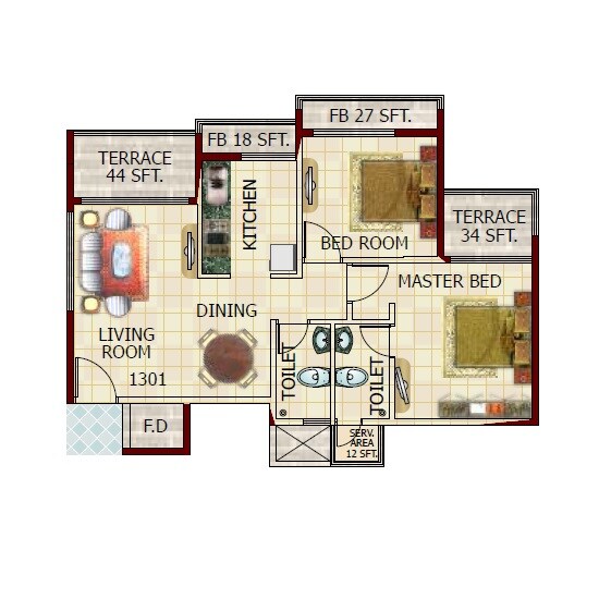 Floor plan of 2 BHK Apartment - 978 sq. ft. in Labheshwar Pratham, Navi Mumbai