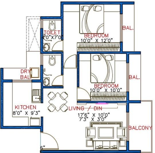 Floor plan of 2 BHK 1115 Sq. Ft. Apartment in Lakhani Aura, Navi Mumbai