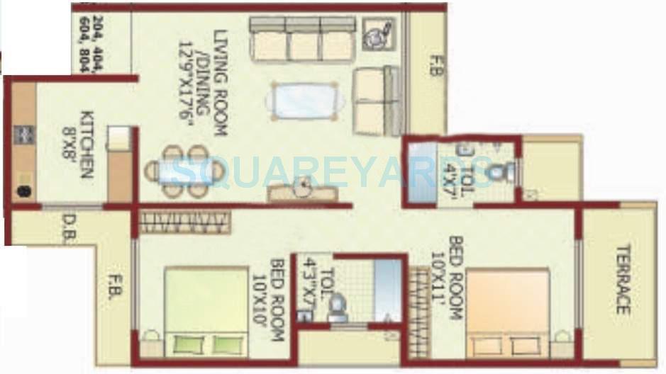Floor plan of 2 BHK 985 Sq. Ft. Apartment in Lakhani Aura, Navi Mumbai