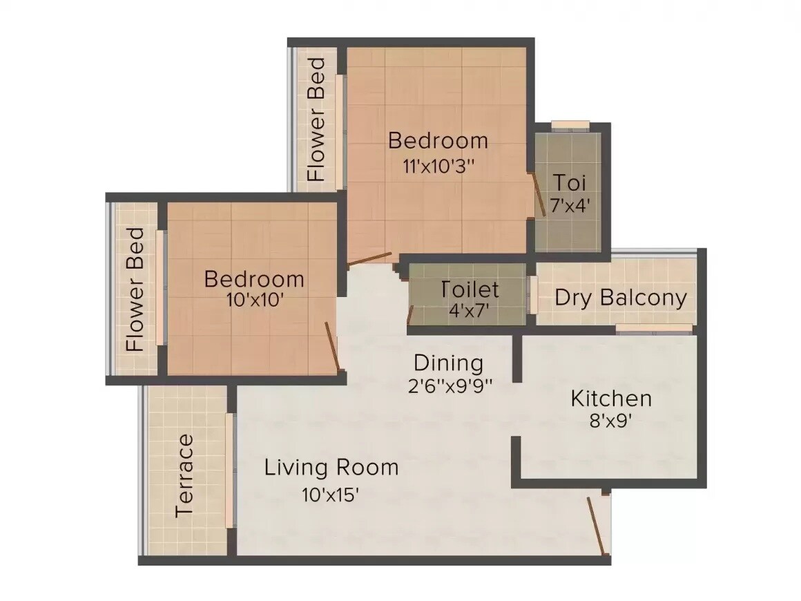 Floor plan of 2 BHK 1060 Sq. Ft. Apartment in Lakhani Blue Waves, Navi Mumbai