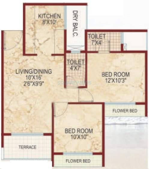 Floor plan of 2 BHK 1125 Sq. Ft. Apartment in Lakhani Blue Waves, Navi Mumbai