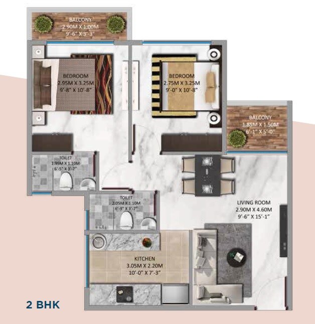Floor plan of 2 BHK 538 Sq. Ft. Apartment in Lakhani Courtyard, Navi Mumbai