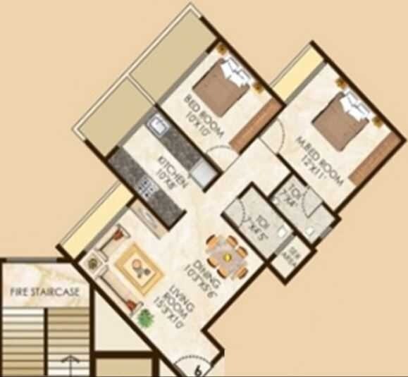 Floor plan of 2 BHK 1222 Sq. Ft. Apartment in Lakhani La Riviera, Navi Mumbai