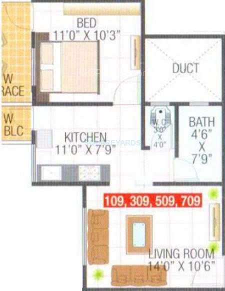 Floor plan of 1 BHK 680 Sq. Ft. Apartment in Lakhani Oasis, Navi Mumbai