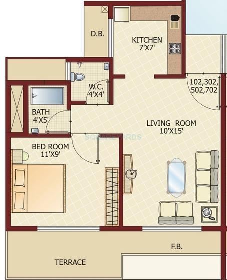 Floor plan of 1 BHK 692 Sq. Ft. Apartment in Lakhani Oasis, Navi Mumbai