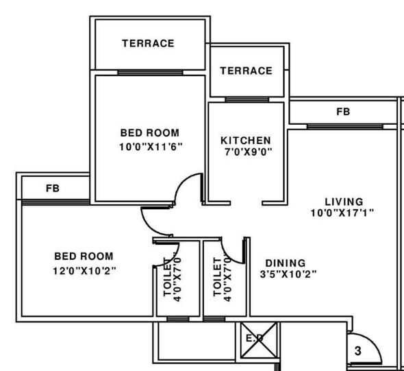 Floor plan of 2 BHK 504 Sq. Ft. Apartment in Lakhanis Prestige, Navi Mumbai