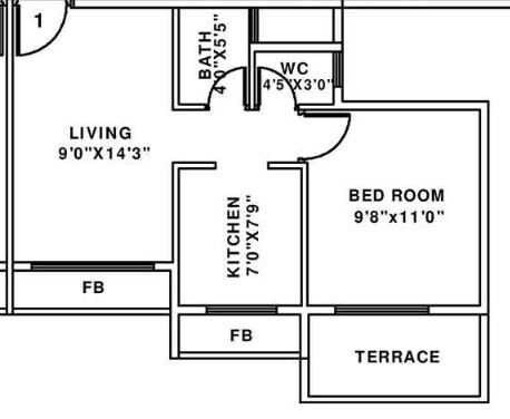Floor plan of 1 BHK 270 Sq. Ft. Apartment in Lakhanis Prestige, Navi Mumbai
