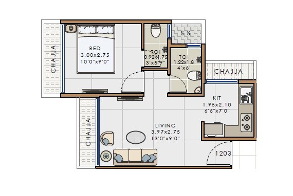 Floor plan of 1 BHK 287 Sq. Ft. Apartment in Lakshdeep Delight Heritage, Navi Mumbai