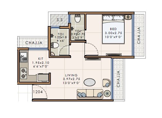 Floor plan of 1 BHK 330 Sq. Ft. Apartment in Lakshdeep Delight Heritage, Navi Mumbai