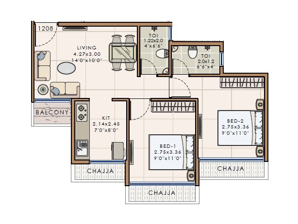Floor plan of 2 BHK 489 Sq. Ft. Apartment in Lakshdeep Delight Heritage, Navi Mumbai
