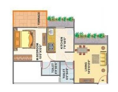 Floor plan of 1 BHK 388 Sq. Ft. Apartment in Laxmina Aurum, Navi Mumbai