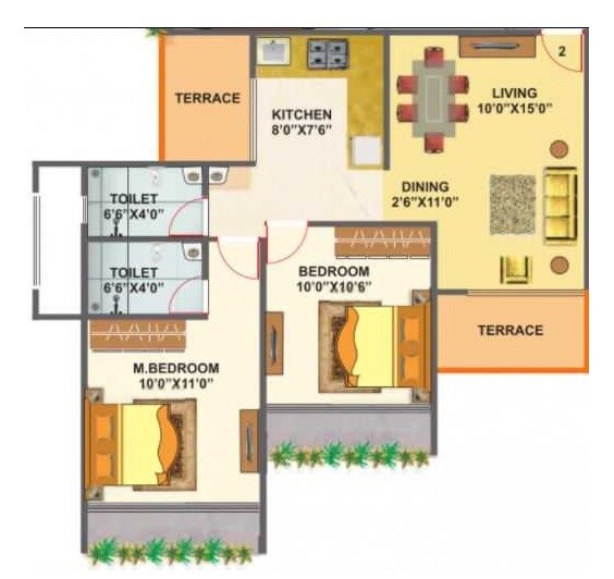 Floor plan of 2 BHK 431 Sq. Ft. Apartment in Laxmina Aurum, Navi Mumbai