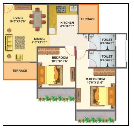 Floor plan of 2 BHK 538 Sq. Ft. Apartment in Laxmina Aurum, Navi Mumbai