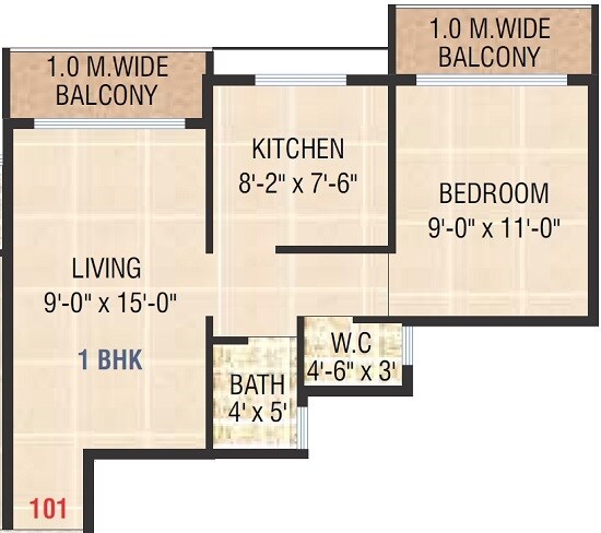 Floor plan of 1 BHK 423 Sq. Ft. Apartment in Leena Heritage, Navi Mumbai