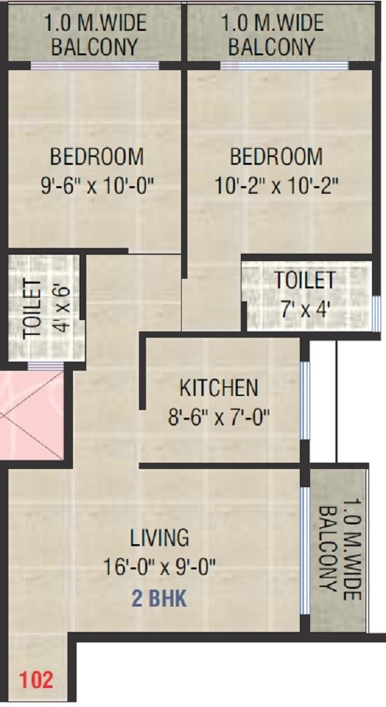 Floor plan of 2 BHK 449 Sq. Ft. Apartment in Leena Heritage, Navi Mumbai