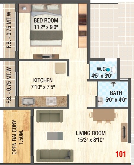 Floor plan of 1 BHK 371 Sq. Ft. Apartment in Leena Paradise, Navi Mumbai