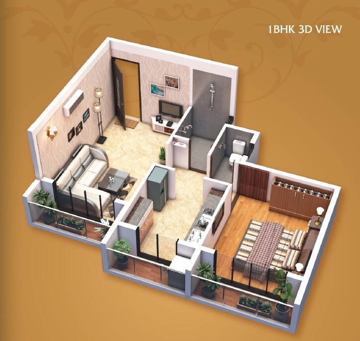 Floor plan of 1 BHK 382 Sq. Ft. Apartment in Leena Paradise, Navi Mumbai