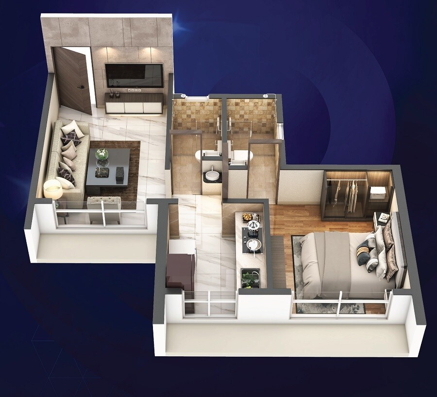 Floor plan of 1 BHK 495 Sq. Ft. Apartment in Lively Kalpavruksha Oneness, Navi Mumbai