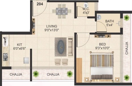 Floor plan of 1 BHK 269 Sq. Ft. Apartment in Living Tulip, Navi Mumbai