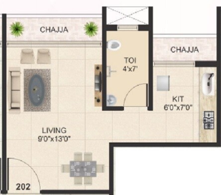 Floor plan of 197 Sq. Ft. Studio in Living Tulip, Navi Mumbai