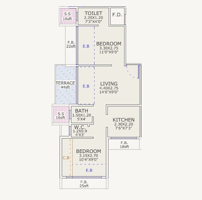 Floor plan of 2 BHK 372 Sq. Ft. Apartment in Lucky Dream Pearl, Navi Mumbai