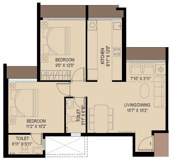 Floor plan of 2 BHK 577 Sq. Ft. Apartment in Mahaavir Exotique, Navi Mumbai