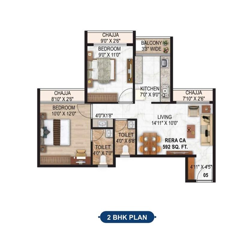 2 BHK 592 Sq. Ft. Apartment