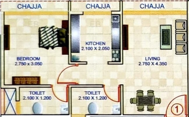 Floor plan of 1 BHK 312 Sq. Ft. Apartment in Mahaavir Manan, Navi Mumbai