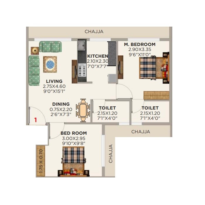 Floor plan of 2 BHK 502 Sq. Ft. Apartment in Mahalaxmi Heights, Navi Mumbai