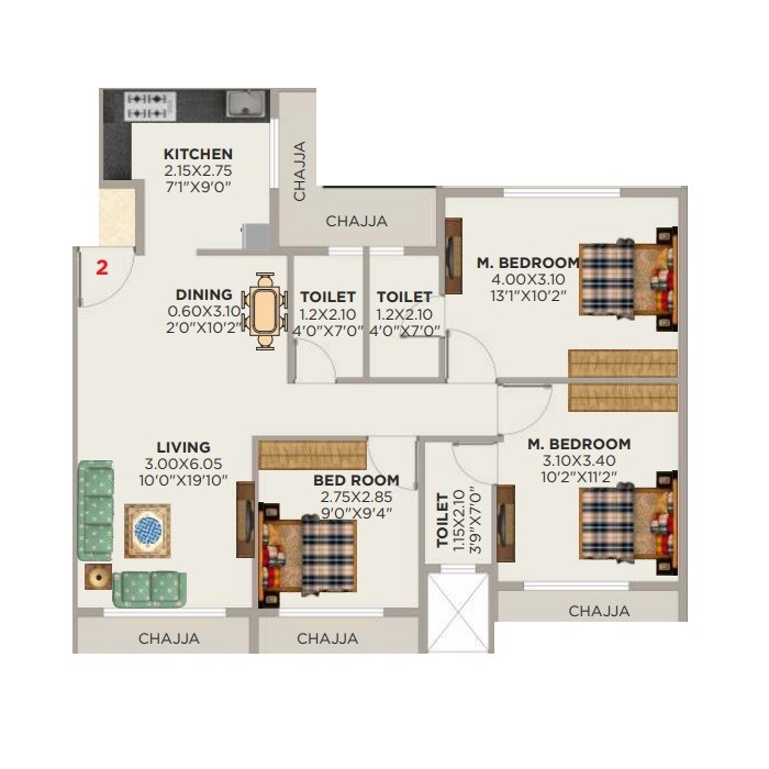 3 BHK 746 Sq. Ft. Apartment