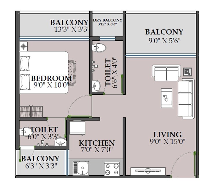 Floor plan of 1 BHK 307 Sq. Ft. Apartment in Mahavir Patel Aura, Navi Mumbai
