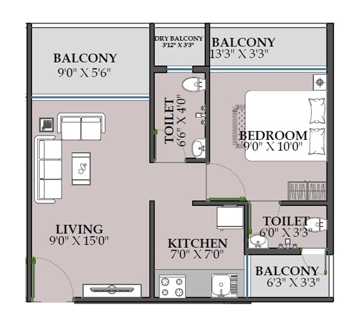 Floor plan of 1 BHK 366 Sq. Ft. Apartment in Mahavir Patel Aura, Navi Mumbai