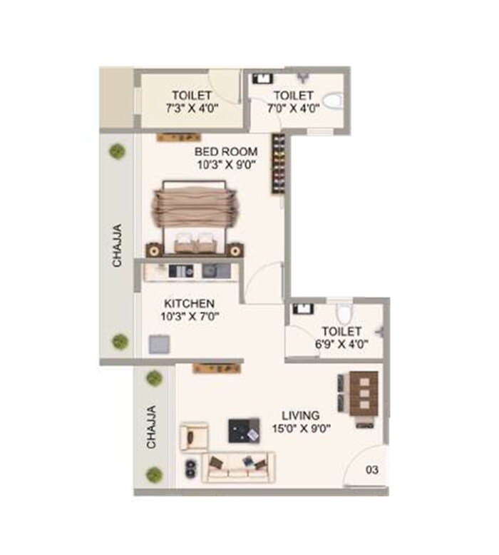 Floor plan of 1 BHK 414 Sq. Ft. Apartment in Mahavir Presidential, Navi Mumbai