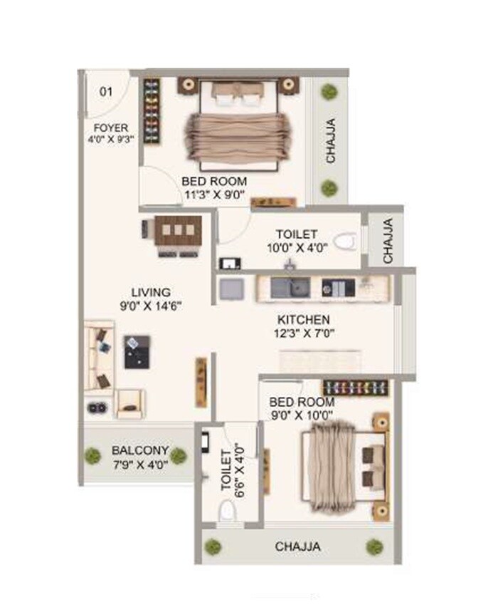 Floor plan of 2 BHK 591 Sq. Ft. Apartment in Mahavir Presidential, Navi Mumbai