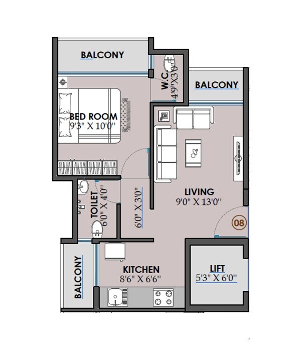 Floor plan of 1 BHK 393 Sq. Ft. Apartment in Mahavir Rama Kunj, Navi Mumbai