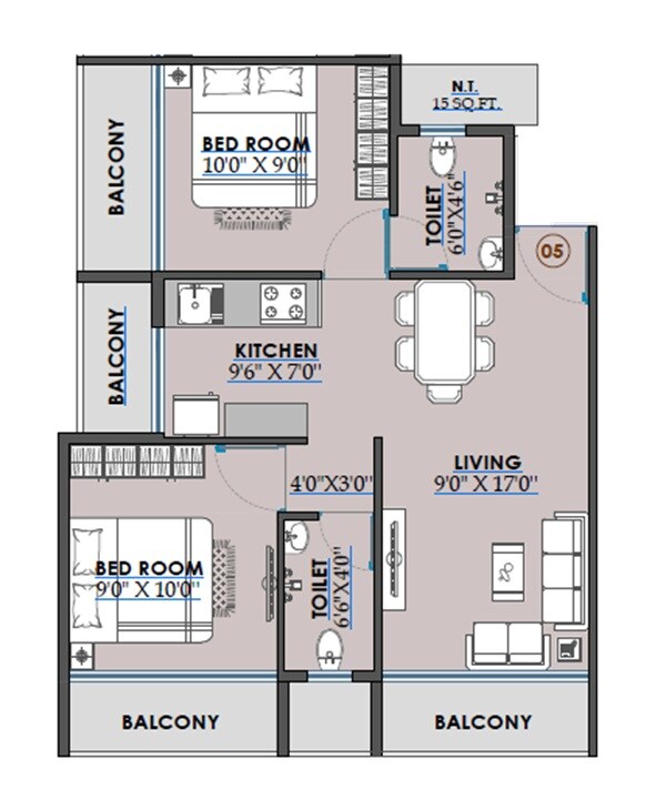 Floor plan of 2 BHK 615 Sq. Ft. Apartment in Mahavir Rama Kunj, Navi Mumbai