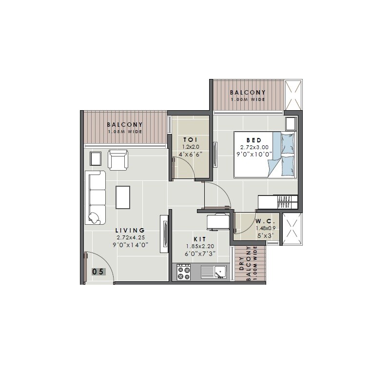 Floor plan of 1 BHK 308 Sq. Ft. Apartment in Mahavir Shri Swaroop, Navi Mumbai
