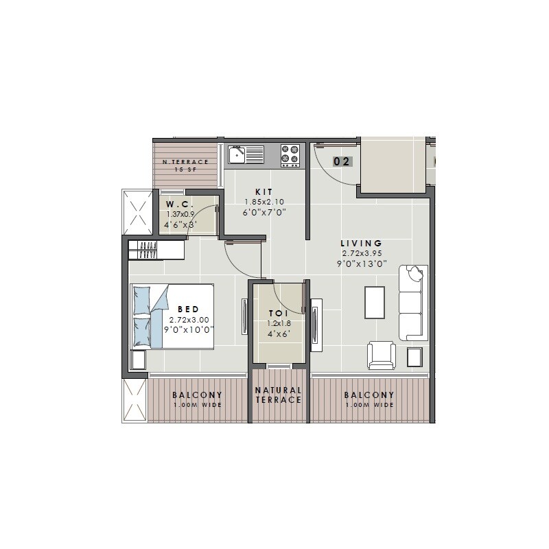Floor plan of 1 BHK 322 Sq. Ft. Apartment in Mahavir Shri Swaroop, Navi Mumbai