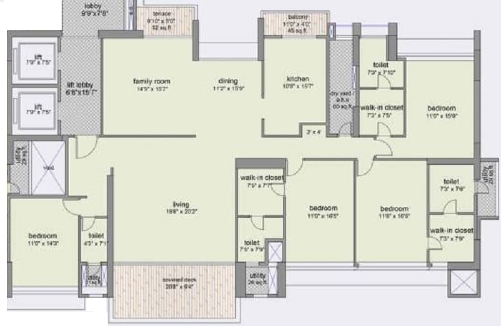 Floor plan of 4 BHK 2030 Sq. Ft. Apartment in Maithili Emerald Bay, Navi Mumbai